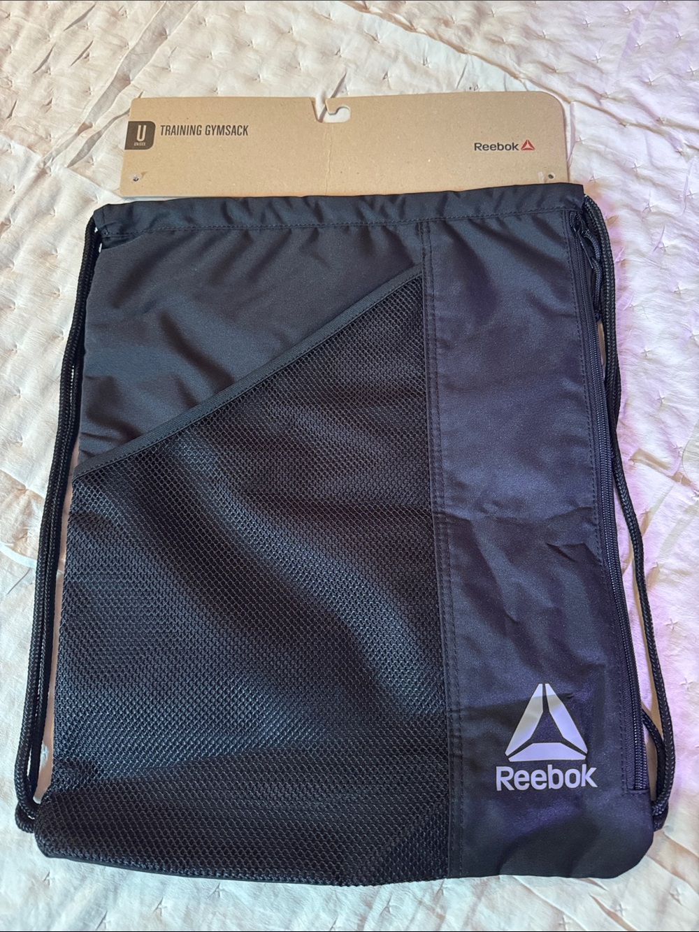 Reebok Black Mesh-Front pocket Drawstring Gym Sack